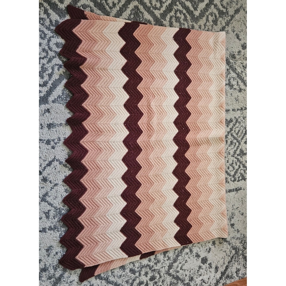 Vintage 70s Crochet Afghan Throw Blanket Chevron Zigzag Burgundy Peach Cream